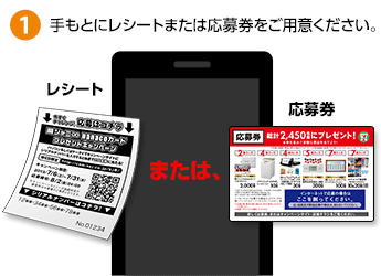 1. 手もとにレシートまたは応募券をご用意ください。 1. 手もとにレシートまたは応募券をご用意ください。