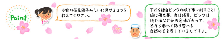 「本物の花見団子みたいに見せるコツを教えてください。」 「本物の花見団子みたいに見せるコツを教えてください。」