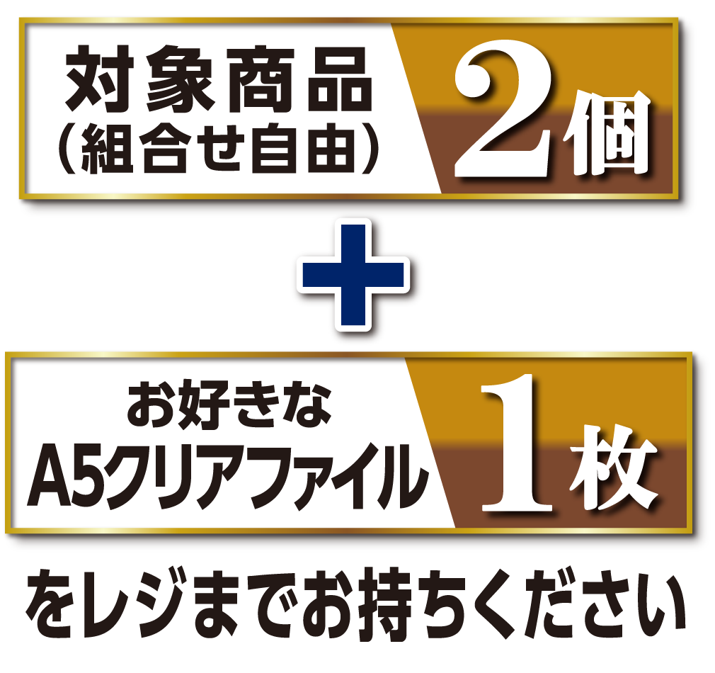 対象商品(組合せ自由)2個+お好きなA5クリアファイル1枚をレジまでお持ちください