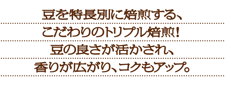 豆を特徴別に焙煎する、こだわりのトリプル焙煎!豆の良さが活かされ、香りが広がり、コクもアップ!