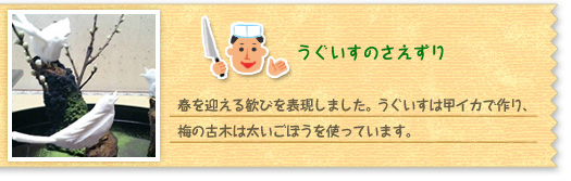 『うぐいすのさえずり』 春を迎える歓びを表現しました。うぐいすは甲イカで作り、梅の古木は太いごぼうを使っています。