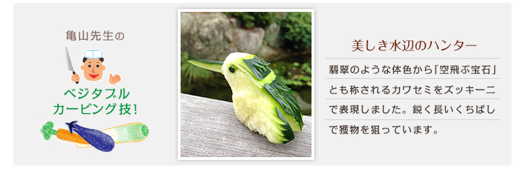 美しき水辺のハンター 翡翠のような体色から「空飛ぶ宝石」とも称されるカワセミをズッキーニで表現しました。鋭く長いくちばしで獲物を狙っています。 美しき水辺のハンター 翡翠のような体色から「空飛ぶ宝石」とも称されるカワセミをズッキーニで表現しました。鋭く長いくちばしで獲物を狙っています。