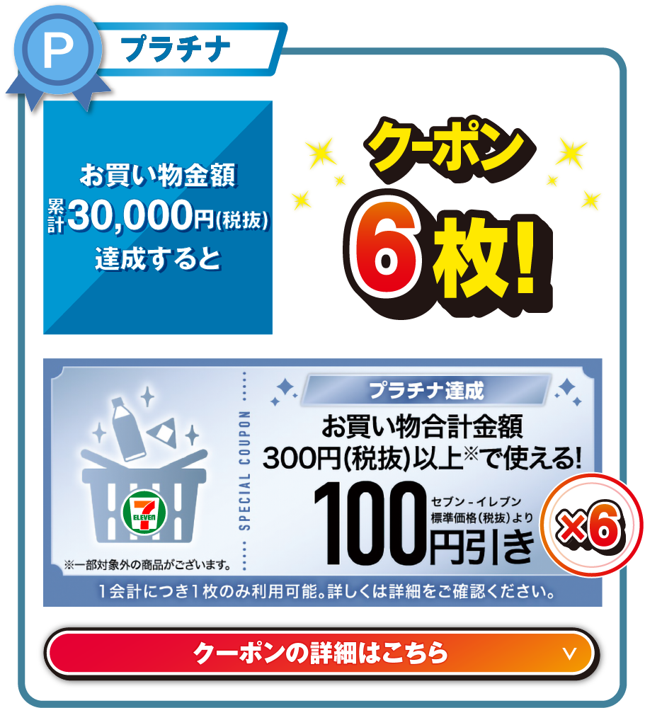 プラチナ お買い物金額累計30,000円（税抜）を達成するとお買い物合計金額300円（税抜）以上で使える!セブン‐イレブン標準価格（税抜）より100円引きクーポン6枚!  ※一部対象外の商品がございます。 1会計につき1枚のみ利用可能。詳しくは詳細をご確認ください。 クーポンの詳細はこちら