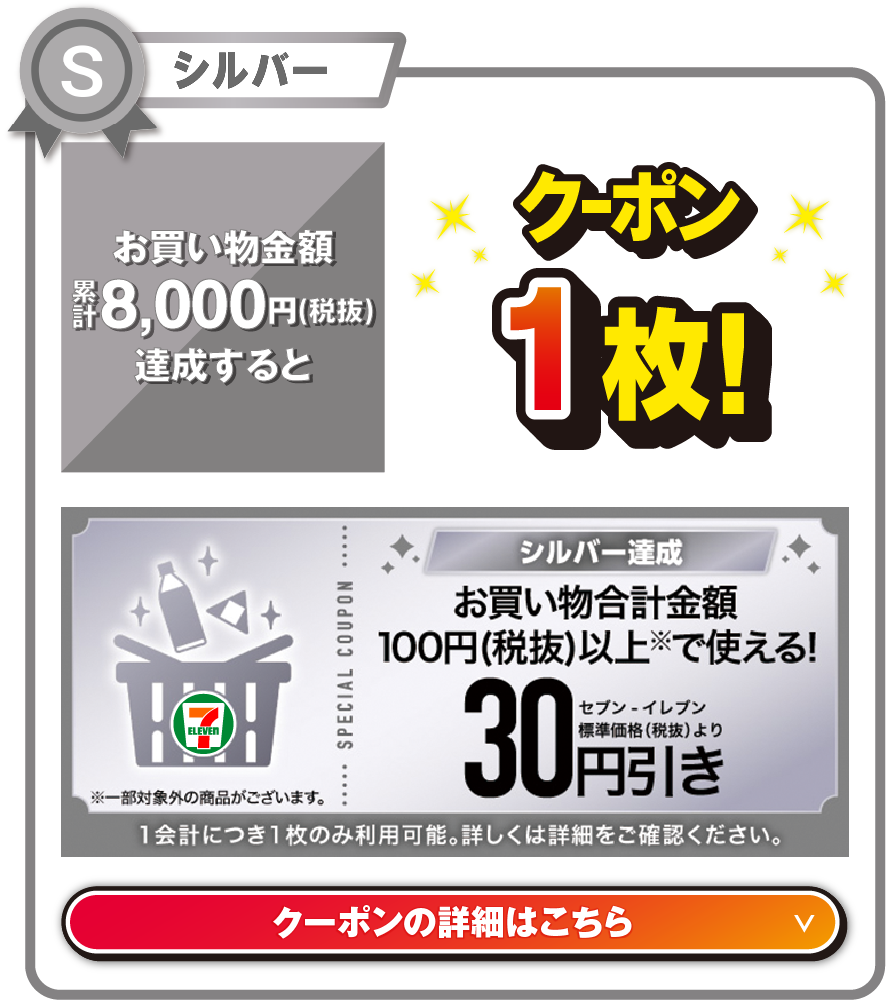 シルバー お買い物金額累計8,000円（税抜）を達成するとお買い物合計金額100円（税抜）以上で使える!セブン‐イレブン標準価格（税抜）より30円引きクーポン1枚! ※一部対象外の商品がございます。 1会計につき1枚のみ利用可能。詳しくは詳細をご確認ください。 クーポンの詳細はこちら
