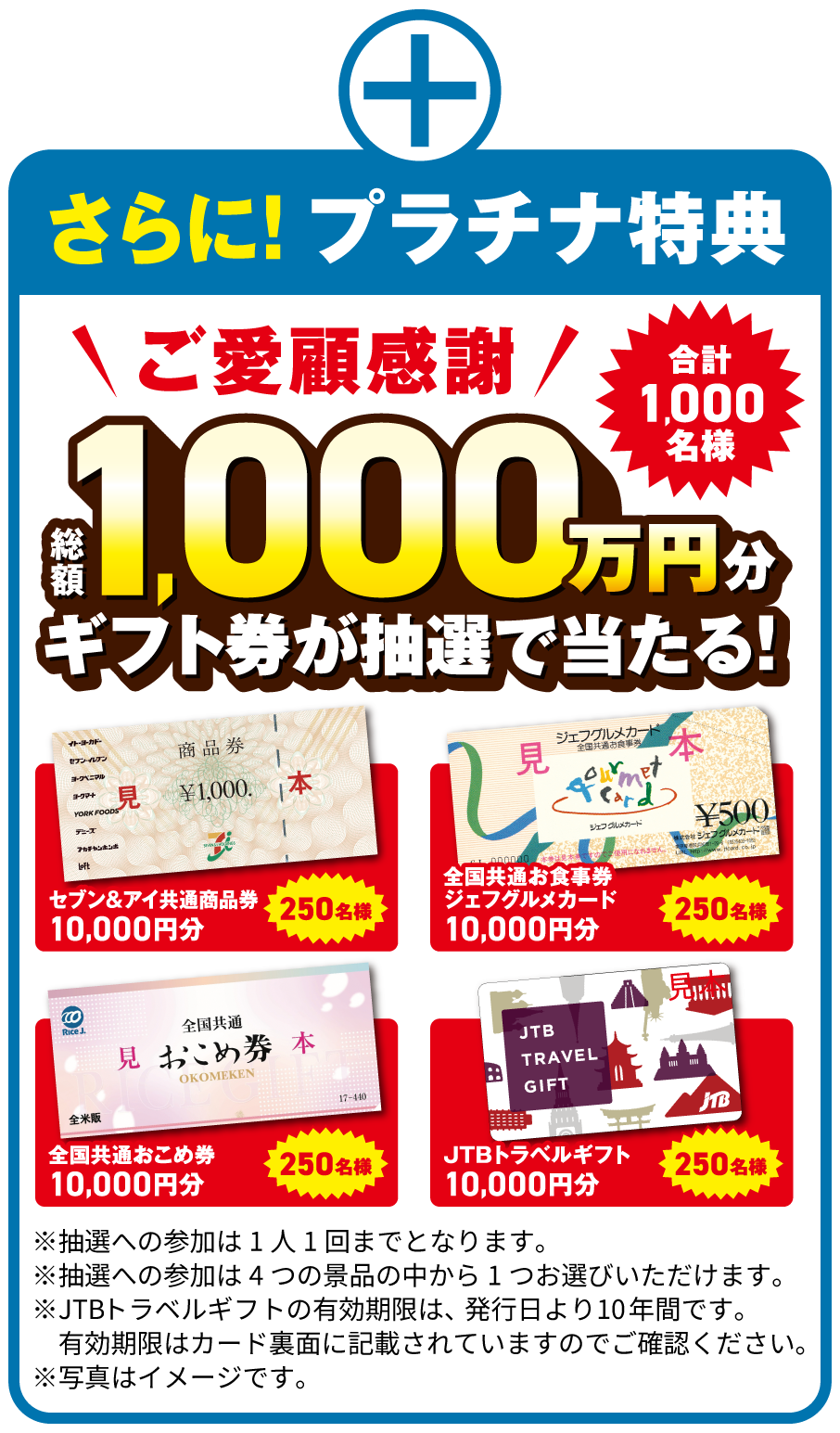 さらに!プラチナ特典 ご愛顧感謝 総額1,000万円分 ギフト券が抽選で当たる！ 合計1,000名様 セブン＆アイ共通商品券 10,000円分 250名様 全国共通お食事券ジェフグルメカード 10,000円分 250名様 全国共通おこめ券 10,000円分 250名様 JTBトラベルギフト 10,000円分 250名様 ※抽選への参加は1人1回までとなります。※抽選への参加は4つの景品の中から1つお選びいただけます。※JTBトラベルギフトの有効期限は、発行日より10年間です。有効期限はカード裏面に記載されていますのでご確認ください。※写真はイメージです。