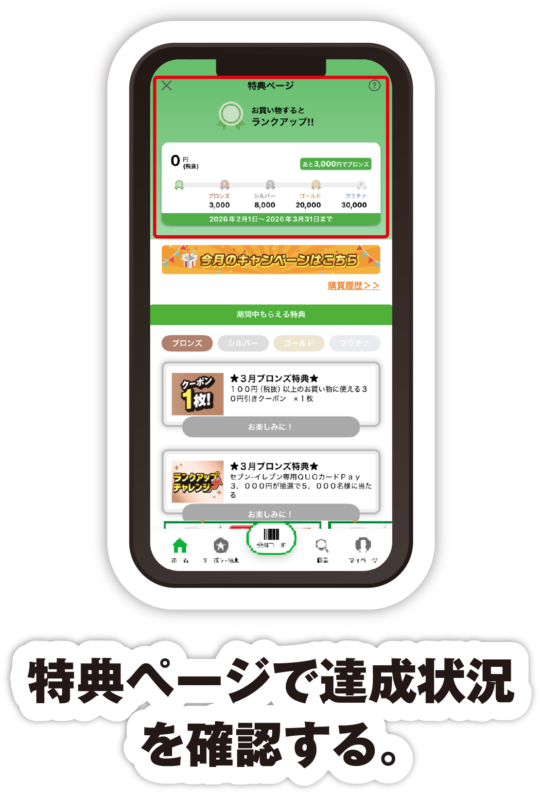 特典ページで達成状況を確認する。