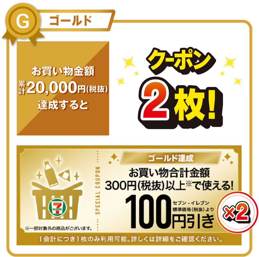 ゴールド お買い物金額累計20,000円（税抜）を達成するとお買い物合計金額300円（税抜）以上で使える!セブン‐イレブン標準価格（税抜）より100円引きクーポン2枚! ※一部対象外の商品がございます。 1会計につき1枚のみ利用可能。詳しくは詳細をご確認ください。