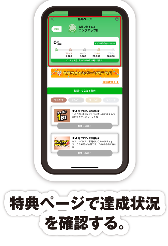 特典ページで達成状況を確認する。