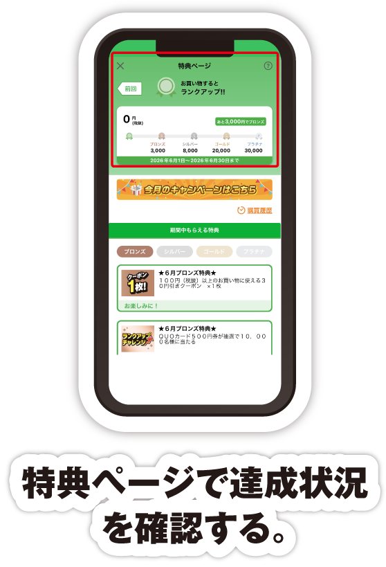 特典ページで達成状況を確認する。