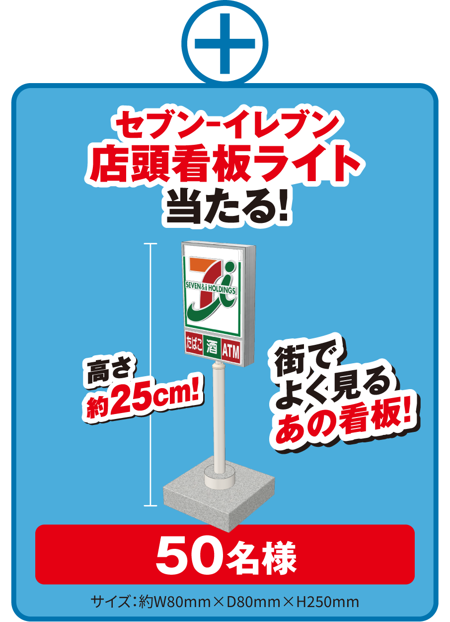 街でよく見るあの看板！セブン‐イレブン店頭看板ライト 当たる！ 高さ約25cm 50名様 サイズ：約W80mm×D80mm×H250mm