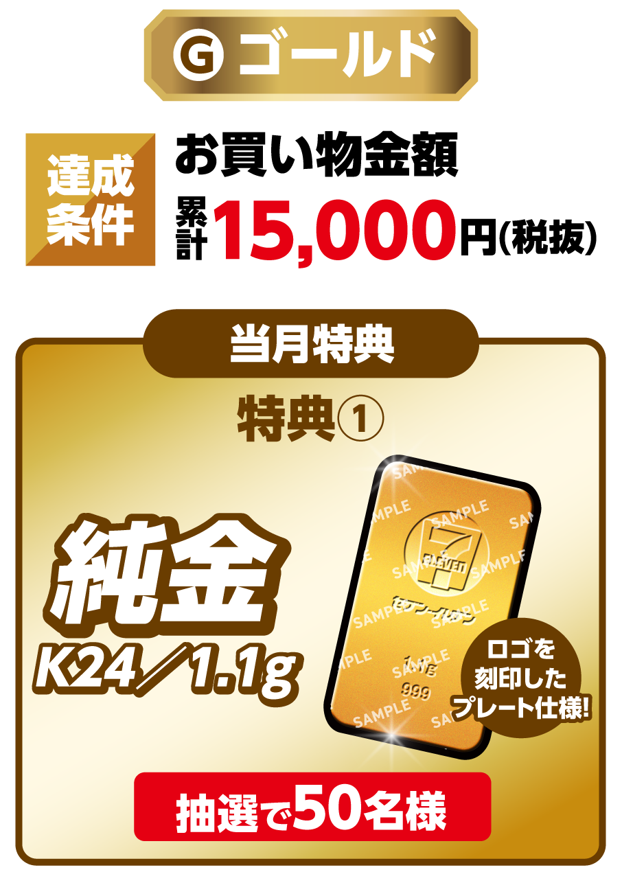 ゴールド 達成条件 お買い物金額累計15,000円（税抜）を達成すると 当月特典 特典1 純金K24／1.1g ロゴを刻印したプレート仕様！ 抽選で50名様