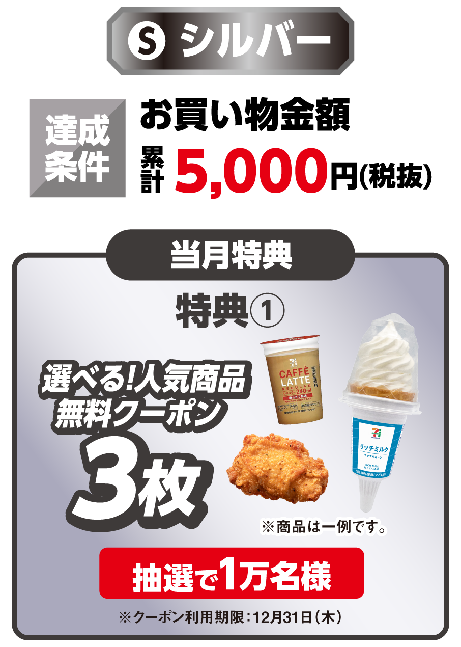 シルバー 達成条件 お買い物金額累計5,000円（税抜）を達成すると 当月特典 特典1 選べる！人気商品無料クーポン3枚 ※商品は一例です。 抽選で1万名様 ※クーポン利用期限：12月31日（木）