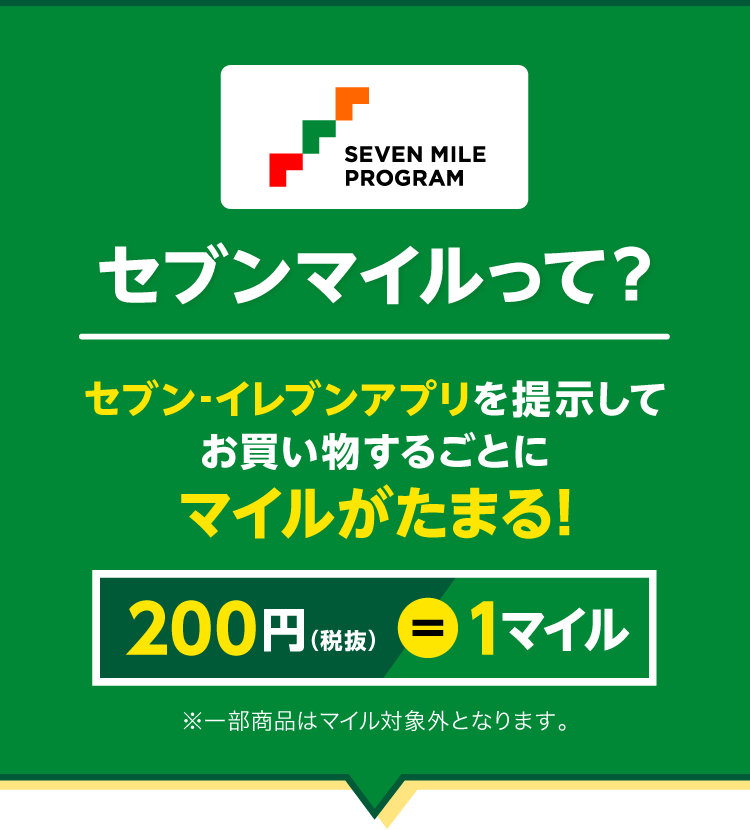 セブンマイルって？ セブン‐イレブンアプリを提示してお買い物するごとにマイルがたまる！ 200円（税抜）=1マイル ※一部商品はマイル対象外となります。