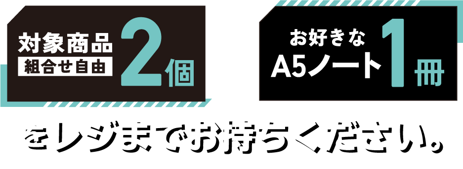 対象商品2個(組合せ自由)+お好きなA5ノート1冊をレジまでお持ちください。