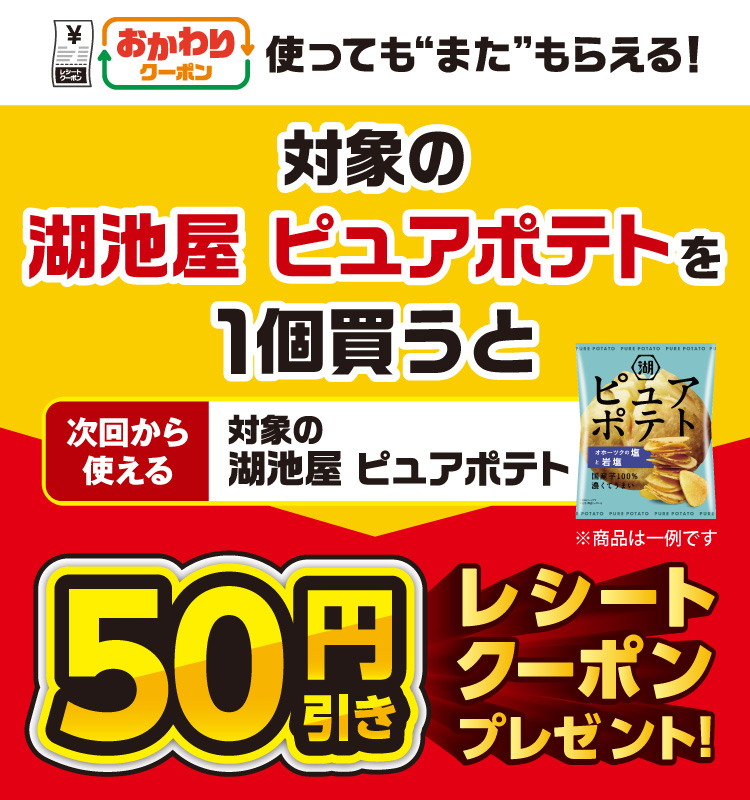 おかわりクーポン 使っても”また”もらえる！ 対象の湖池屋 ピュアポテトを1個買うと 次回から使える 対象の湖池屋 ピュアポテト 50円引きレシートクーポンプレゼント！