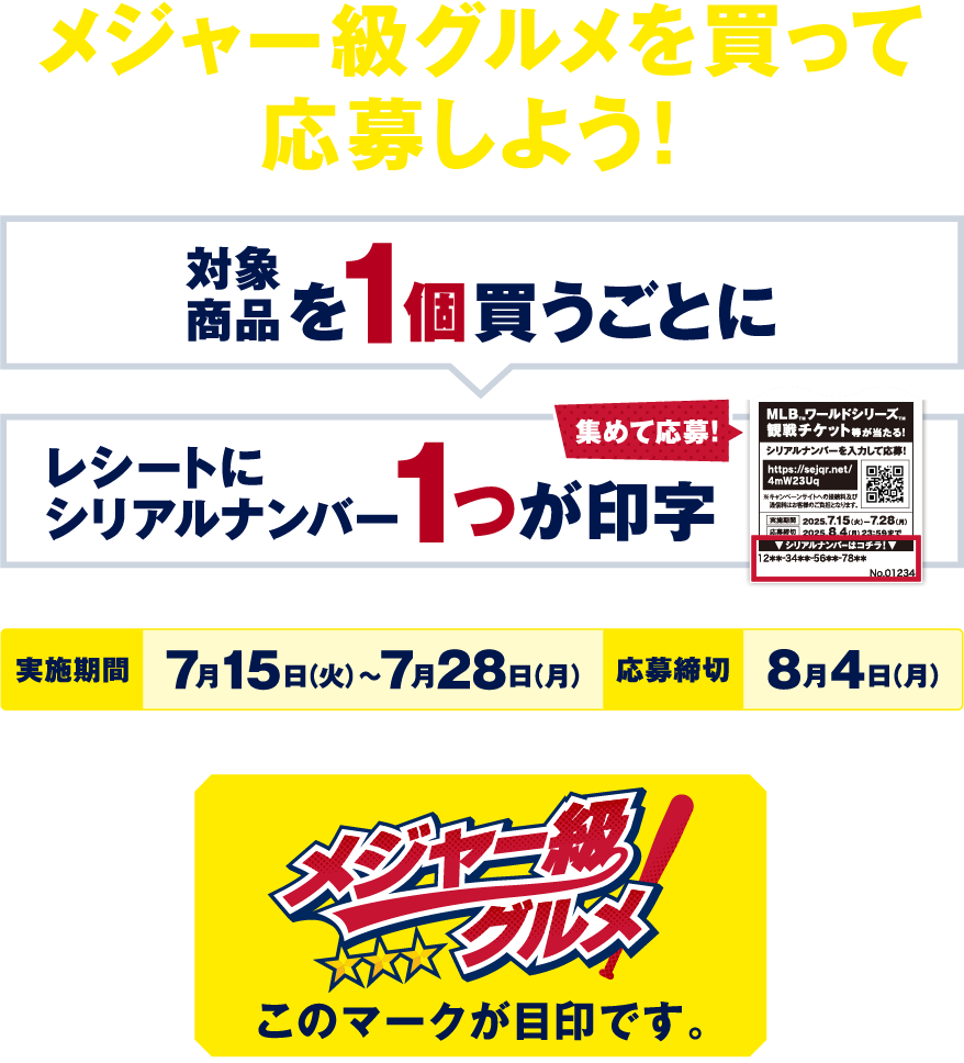 集めて応募! 対象商品を1個買うごとにレシートにシリアルナンバー1つが印字 実施期間 7月15日(火)〜7月28日(月) 応募締切 8月4日(月) このマークが目印です。