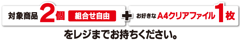 対象商品2個(組合せ自由)+お好きなクリアファイル1枚をレジまでお持ちください。