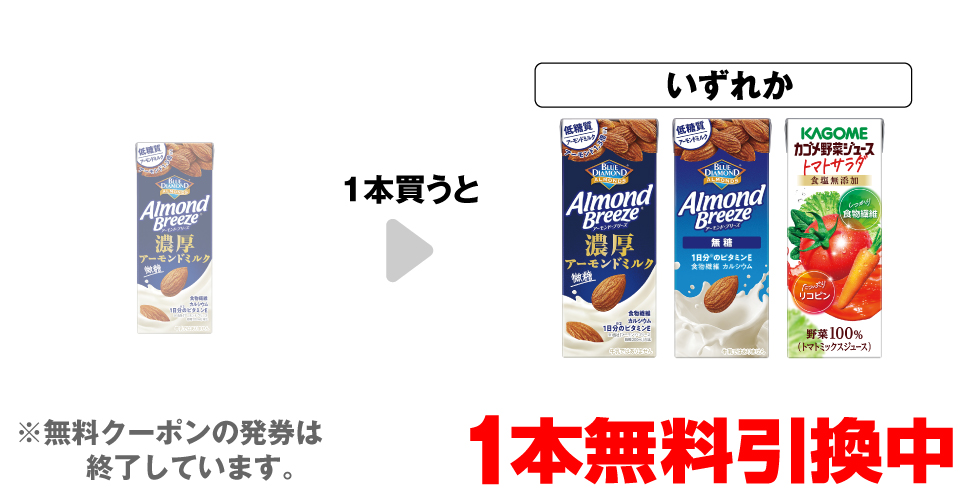 「カゴメ アーモンド・ブリーズ濃厚 200ml」を1本買うと、「カゴメ アーモンド・ブリーズ濃厚 200ml」「カゴメ アーモンド・ブリーズ無糖 200ml」「カゴメ 野菜ジューストマトサラダ 200ml」いずれか1本無料引換中 ※無料クーポンの発券は終了しています。