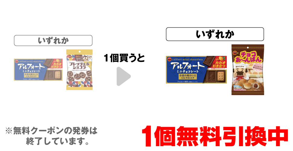 「ブルボン アルフォート ミニ チョコレート」「ブルボン プレッツェルショコラ」いずれか1個買うと、「ブルボン アルフォート ミニ チョコレート」「ブルボン チョコあ～んぱん」いずれか1個無料引換中 ※無料クーポンの発券は終了しています。