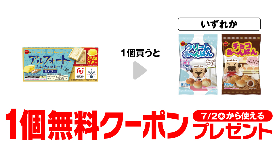 ブルボン アルフォート購入で【クリームあ～んぱん等】コンビニ無料引換券クーポンプレゼント