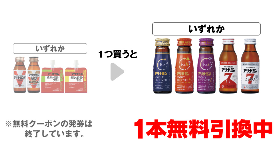 「アリナミンV 50mL」「アリナミンV&V ロイヤル 50mL」「アリナミン メディカルバランス アップル風味」「アリナミン メディカルバランス グレープフルーツ風味」いずれか1つ買うと、「アリナミン ナイトリカバー 50mL」「アリナミン ナイトリカバーh 50mL」「アリナミン ナイトリカバーi 50mL」「アリナミン7 100mL」「アリナミンゼロ7 100mL」いずれか1本無料引換中 ※無料クーポンの発券は終了しています。