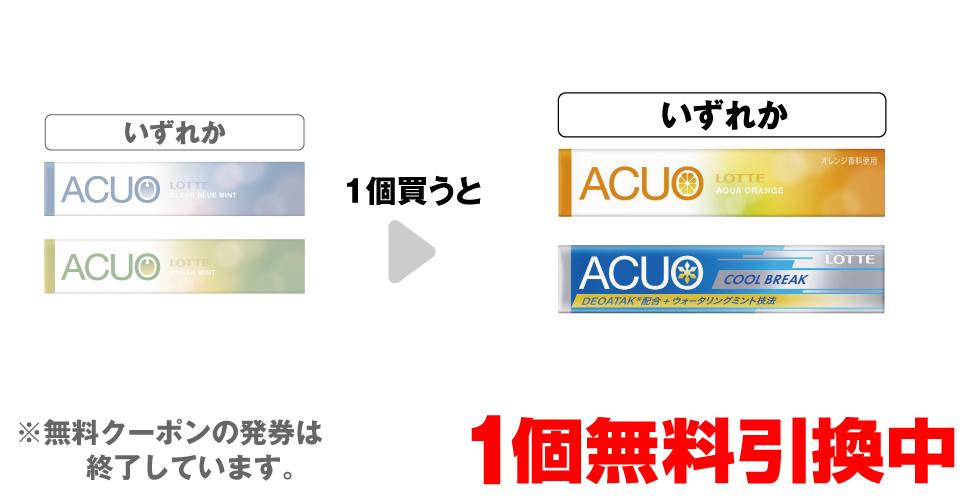 「ロッテ アクオ クリアブルーミント」「ロッテ アクオ グリーンミント」いずれか1個買うと、「ロッテ アクオ アクアオレンジ」「ロッテ アクオ クールブレイク」いずれか1個無料引換中 ※無料クーポンの発券は終了しています。