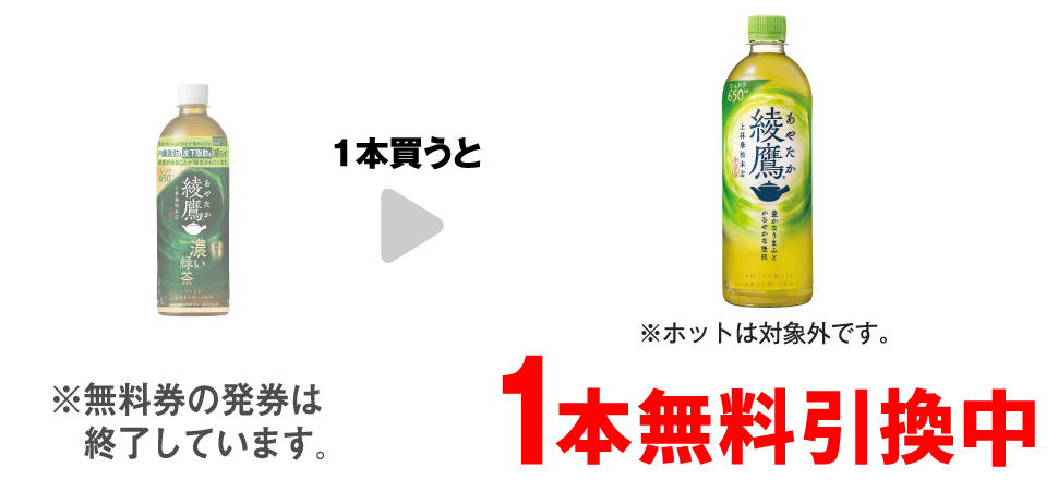 「綾鷹 濃い緑茶 650ml  ※ホットは対象外です。 ※「綾鷹 濃い緑茶 525ml」も対象です。」を1本買うと、「綾鷹 650ml  ※ホットは対象外です。」1本無料引換中 ※無料券の発券は終了しています。