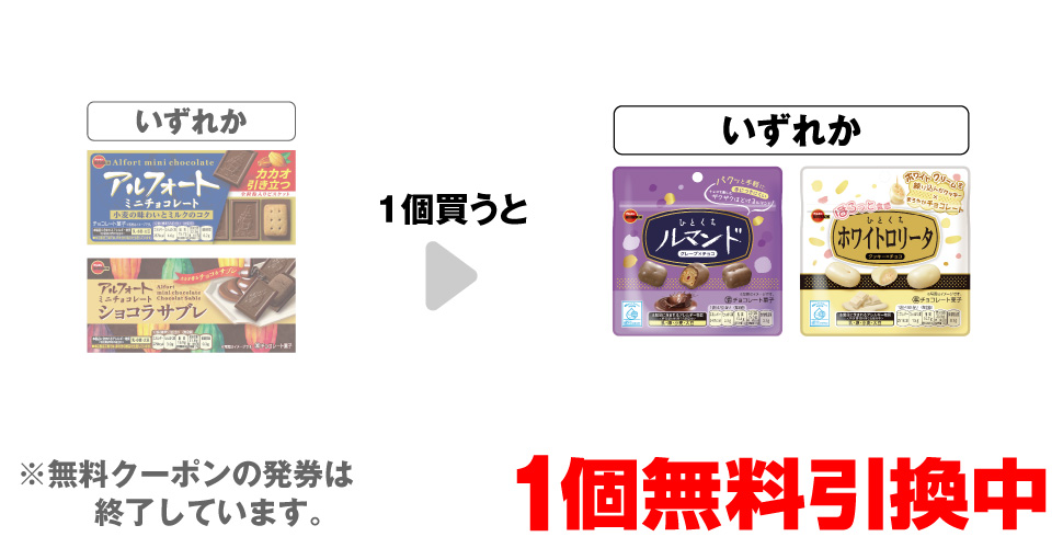 「ブルボン アルフォートミニ チョコレート」「ブルボン アルフォートミニ ショコラサブレ」いずれか1個買うと、「ブルボン ひとくちルマンド」「ブルボン ひとくちホワイトロリータ」いずれか1個無料引換中 ※無料クーポンの発券は終了しています。