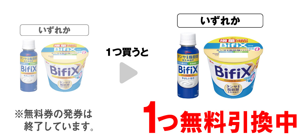 「グリコ BifiX ヨーグルト ドリンク」「グリコ BifiX ヨーグルト 脂肪ゼロ」いずれか1つ買うと、同商品1つ無料引換中 ※無料券の発券は終了しています。