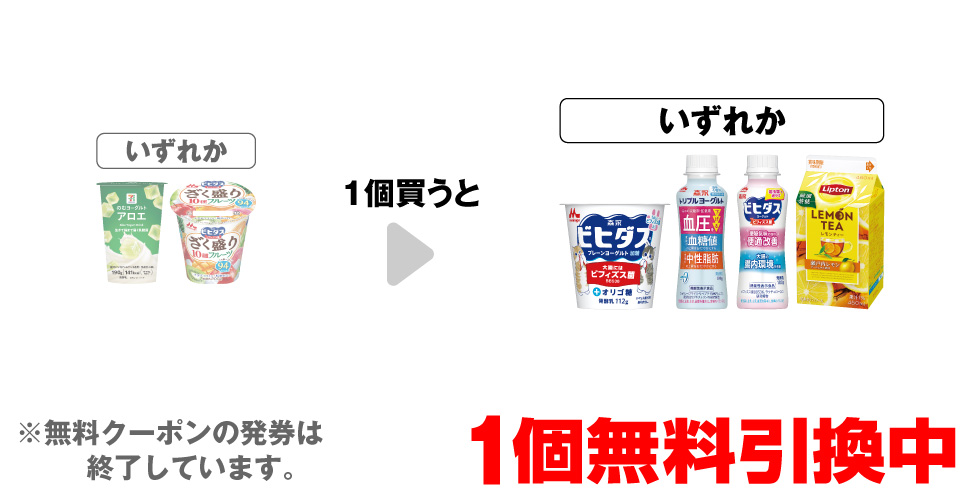 「セブンプレミアム のむヨーグルト アロエ 190g」「森永 ビヒダスヨーグルト ざく盛りフルーツ」いずれか1個買うと、「森永 ビヒダスプレーンヨーグルト 加糖」「森永 トリプルヨーグルト ドリンク 砂糖不使用」「森永 ビヒダスヨーグルト 便通改善ドリンク」「リプトンレモンティー 450ml販売地域:沖縄県除く全国」「リプトンレモンティー 473ml販売地域:沖縄県」いずれか1個無料引換中 ※無料クーポンの発券は終了しています。