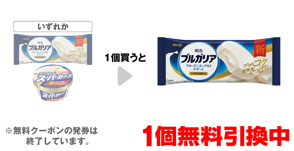 「明治 ブルガリア フローズンヨーグルトデザート」「明治 エッセル スーパーカップ 超バニラ」いずれか1個買うと、「明治 ブルガリア フローズンヨーグルトデザート」1個無料引換中 ※無料クーポンの発券は終了しています。