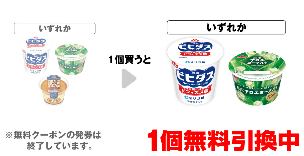 「森永 ビヒダスプレーンヨーグルト 加糖」「森永 アロエヨーグルト」「森永 焼プリン 140g」いずれか1個買うと、「森永 ビヒダスプレーンヨーグルト 加糖」「森永 アロエヨーグルト」いずれか1個無料引換中 ※無料クーポンの発券は終了しています。