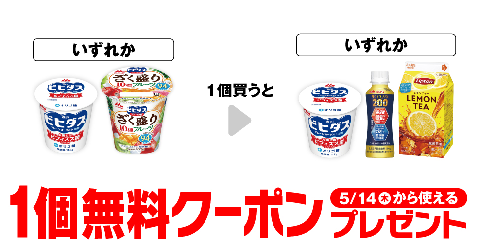 「森永 ビヒダス プレーンヨーグルト 加糖」「森永 ビヒダスヨーグルト ざく盛りフルーツ」いずれか1個買うと、「森永 ビヒダス プレーンヨーグルト 加糖」「森永 ラクトフェリン200 ドリンク」「リプトン レモンティー 450ml販売地域：沖縄県除く全国」「リプトン レモンティー 473ml販売地域：沖縄県」いずれか1個無料クーポンプレゼント5月14日（木）から使える。