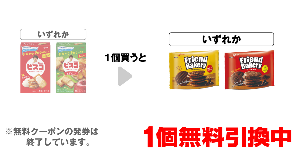 「グリコ ビスコ」「グリコ ビスコ 焼きりんご」いずれか1個買うと、「フレンドベーカリー チョコレートビスケット」「フレンドベーカリー ココア＆チョコチップ」いずれか1個無料引換中 ※無料クーポンの発券は終了しています。