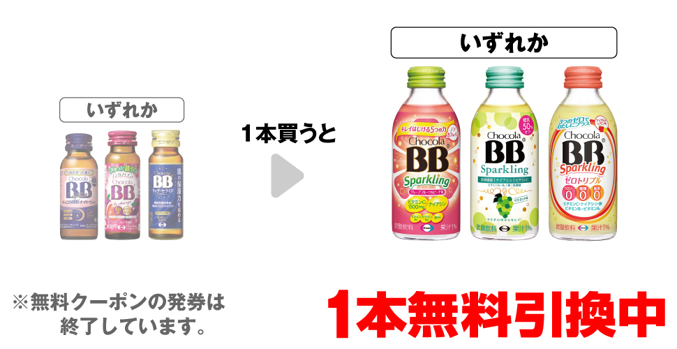 「エーザイ チョコラBB ナイトウェル 50mL」「エーザイ チョコラBB Feチャージ 50ml」「エーザイ チョコラBB リッチセラミド 50ml」いずれか1本買うと、「チョコラBB スパークリング GF＆ピーチ味」「チョコラBB スパークリング マスカット味」「チョコラBB スパークリング ゼロトリプル」いずれか1本無料引換中 ※無料クーポンの発券は終了しています。