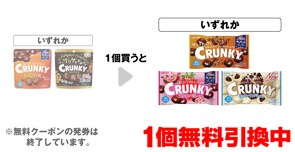 「ロッテ クランキー ビッグパウチ」「ロッテ ザクザクやみつき クランキー ビッグパウチ」いずれか1個買うと、「ロッテ クランキー ポップジョイ」「ロッテ クランキー ポップジョイ ストロベリー」「ロッテ クランキー ポップジョイ クッキー＆クリーム」いずれか1個無料引換中 ※無料クーポンの発券は終了しています。