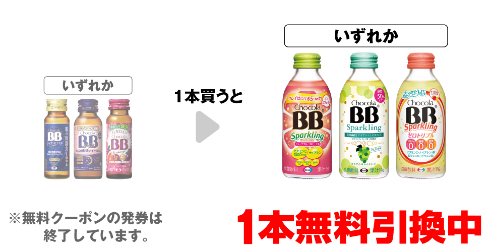 「エーザイ チョコラBB リッチセラミド 50ml」「エーザイ チョコラBB ナイトウェル 50mL」「エーザイ チョコラBB Feチャージ 50ml」いずれか1本買うと、「チョコラBB スパークリング GF＆ピーチ味」「チョコラBB スパークリング マスカット味」「チョコラBB スパークリング ゼロトリプル」いずれか1本無料引換中 ※無料クーポンの発券は終了しています。
