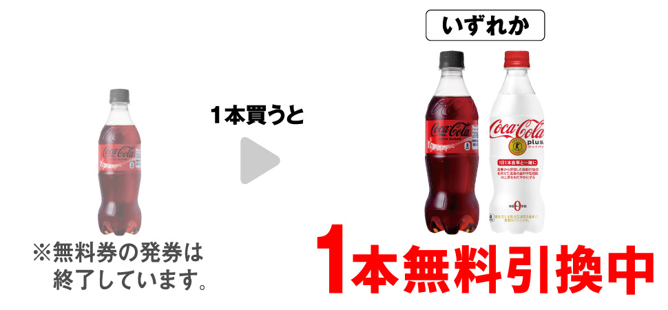 「コカ・コーラ ゼロ 500ml」を1本買うと、「コカ・コーラ ゼロ 500ml」「コカ・コーラ プラス 470ml」いずれか1本無料引換中 ※無料券の発券は終了しています。