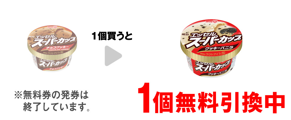 「明治 エッセル スーパーカップ チョコクッキー」を1個買うと、「明治 エッセル スーパーカップ クッキーバニラ」1個無料引換中 ※無料券の発券は終了しています。