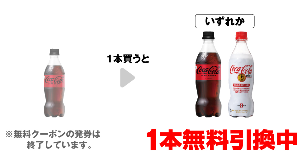 「コカ・コーラゼロ 500ml」を1本買うと、「コカ・コーラゼロ 500ml」「コカ・コーラ プラス 470ml」いずれか1本無料引換中 ※無料クーポンの発券は終了しています。