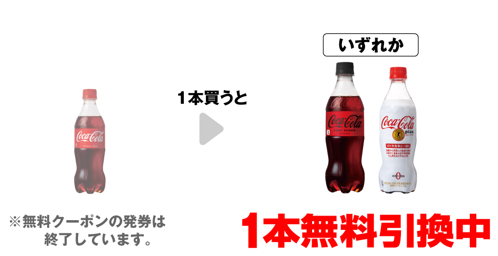 「コカ・コーラ 500ml」を1本買うと、「コカ・コーラ ゼロ 500ml」「コカ・コーラ プラス 470ml」いずれか1本無料引換中 ※無料クーポンの発券は終了しています。