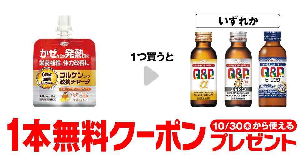「興和 コルゲン滋養チャージ 100mL」を1つ買うと、「キューピーコーワα ドリンク 100mL」「キューピーコーワα ゼロドリンク 100mL」「キューピーコーワ ヒーリングドリンク 100mL」いずれか1本無料クーポンプレゼント10月30日（木）から使える。
