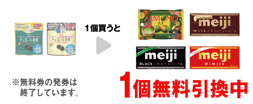 「明治 チョコレート効果 カカオ72%パウチ」または「明治 チョコレート効果 カカオ86%パウチ」を1個買うと、「明治 アーモンドチョコレート 抹茶 ポケットパック」「明治 ミルクチョコレート」「明治 ブラックチョコレート」「明治 ハイミルク」いずれか1個無料引換中 ※無料券の発券は終了しています。