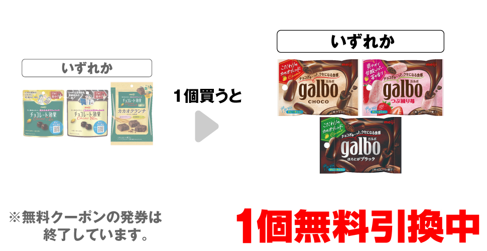 「明治 チョコレート効果 カカオ72% パウチ」「明治 チョコレート効果 カカオ86% パウチ」「明治 チョコレート効果 カカオクランチ 小袋」いずれか1個買うと、「明治 ガルボ チョコ ポケットパック」「明治 ガルボ つぶ練り苺 ポケットパック」「明治 ガルボ ブラック ポケットパック」いずれか1個無料引換中 ※無料クーポンの発券は終了しています。
