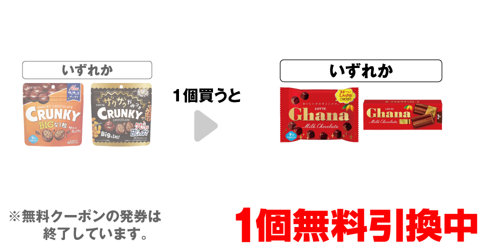 「クランキー ビッグパウチ」「ザクザクやみつきクランキー ビッグパウチ」いずれか1個買うと、「ガーナ ポップジョイ」「ガーナ スリムパック」いずれか1個無料引換中 ※無料クーポンの発券は終了しています。