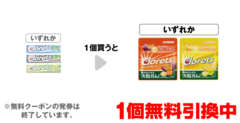 「クロレッツXP クリアミント」「クロレッツXP シャープミント」「クロレッツXP クリアマスカット」いずれか1個買うと、「クロレッツ パウチ パッションフルーツ」「クロレッツ パウチ シトラスミント」いずれか1個無料引換中 ※無料クーポンの発券は終了しています。