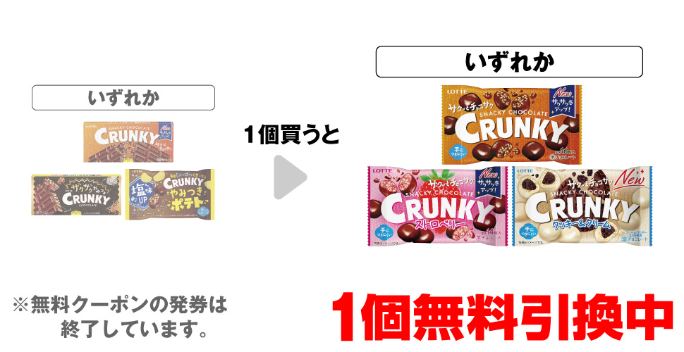 「ロッテ クランキー」「ロッテ ザクザクやみつきクランキー」「ロッテ クランキー ポップジョイ やみつきポテト」いずれか1個買うと、「ロッテ クランキー ポップジョイ」「ロッテ クランキー ポップジョイ ストロベリー」「ロッテ クランキー ポップジョイ クッキー&クリーム」いずれか1個無料引換中 ※無料クーポンの発券は終了しています。