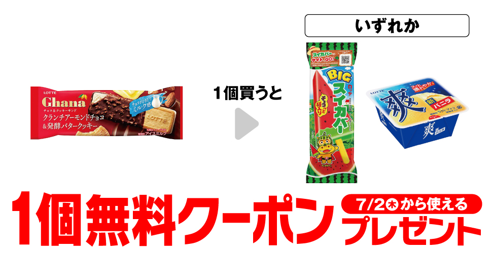 ロッテ ガーナチョコで【BIGスイカバー】か【爽 バニラ】のコンビニ無料引換券クーポンが当たる