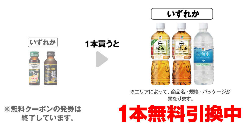 「ゼリア ヘパリーゼ 胃腸ドリンク 50mL」「ゼリア ヘパリーゼW プレミアム極 100ml」いずれか1本買うと、「セブンプレミアム 一（はじめ）緑茶 600ml※エリアによって、商品名・規格・パッケージが異なります。」「セブンプレミアム 一（はじめ）ほうじ茶 600ml※エリアによって、商品名・規格・パッケージが異なります。」「セブンプレミアム 天然水 550ml※エリアによって、規格・パッケージは異なる場合がございます。」いずれか1本無料引換中 ※無料クーポンの発券は終了しています。