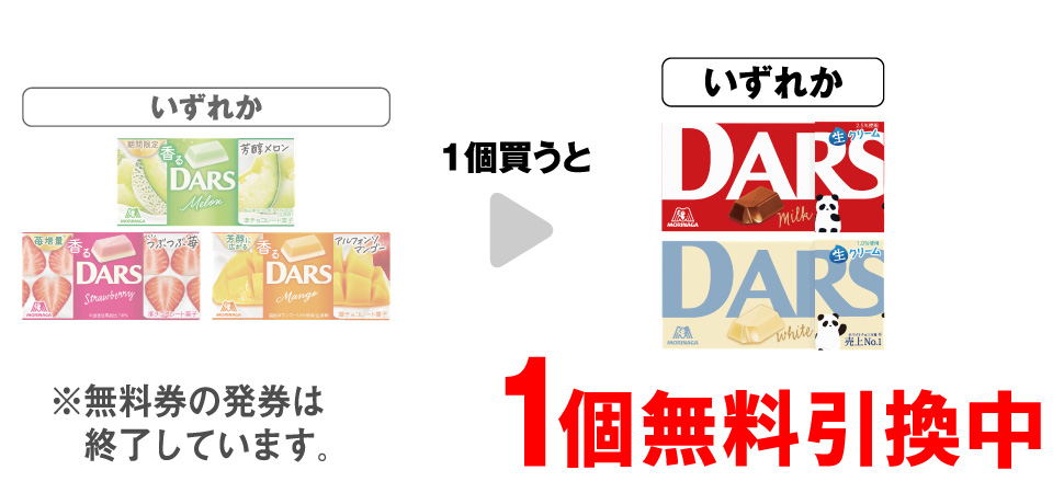 「森永 香るダース 芳醇メロン」「森永 香るダース つぶつぶ苺」「森永 香るダース アルフォンソマンゴー」いずれか1個買うと、「森永 ダースミルク」「森永 白いダース」いずれか1個無料引換中 ※無料券の発券は終了しています。